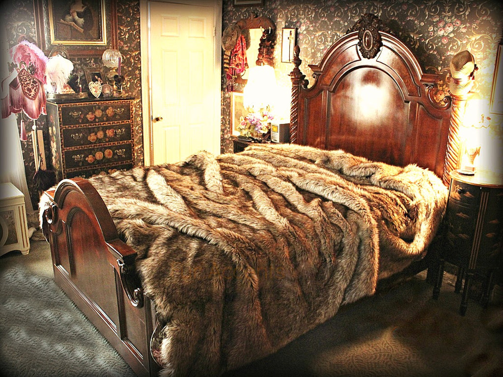 Plush Faux Fur Bedspread - Coyote - Desert Wolf Design - Designer Area Rug , Bedspread  or Throw , Hand Made to Order in America by  by Fur Accents USA