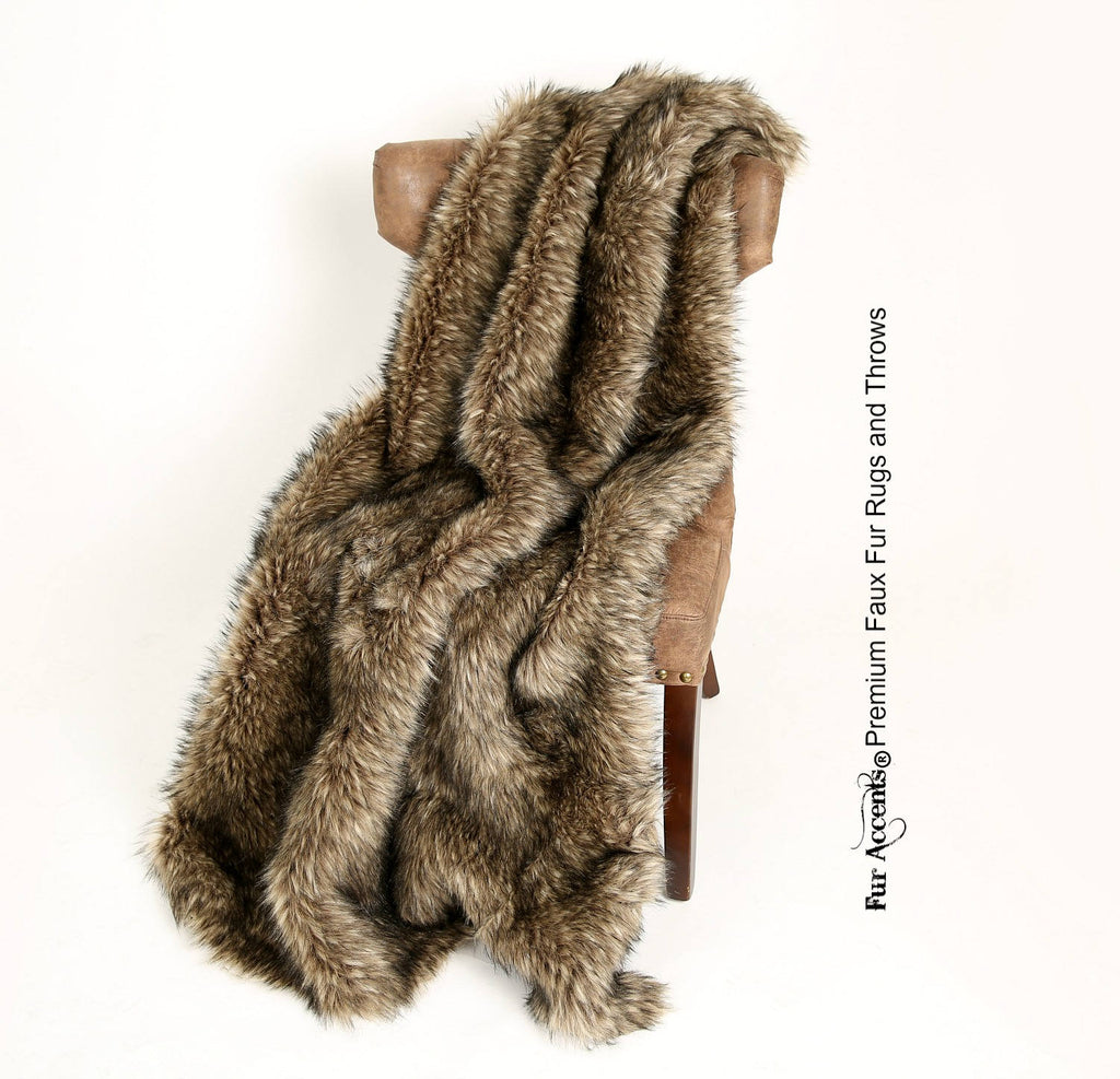 Plush Faux Fur Throw Blanket - Bedspread - Luxury Fur Medium Brown Wolf - Fur Minky Cuddle Fur Lining - Fur Accents - USA