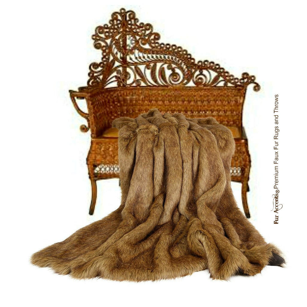 Plush Faux Fur Throw Blanket - Bedspread - Luxury Fur Golden Brown Wolf - Coyote - Fur Minky Cuddle Fur Lining - Fur Accents - USA