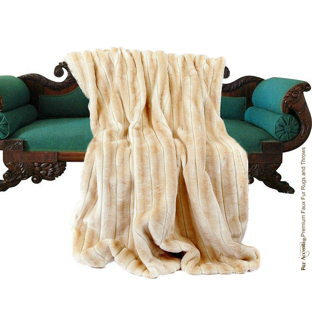 Plush Faux Fur Throw Blanket Bedspread - Super Soft Ribbed Mink - Tan - Fur Minky Cuddle Fur Lining - Fur Accents - USA