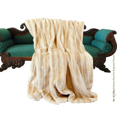 Plush Faux Fur Throw Blanket Bedspread - Super Soft Ribbed Mink - Tan - Fur Minky Cuddle Fur Lining - Fur Accents - USA