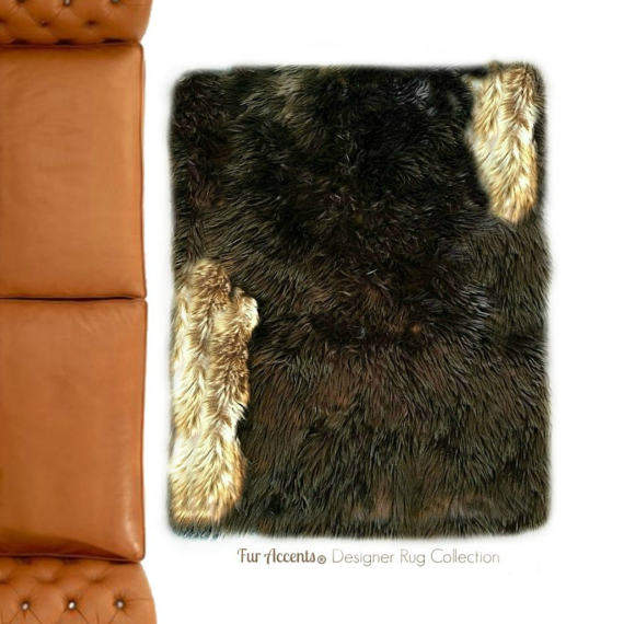 Plush Faux Fur Area Rug - Luxury Thick Shag - Pieced Fur - Wolf Fur Trim  - Rectangle Shape Designer Throw - Art Rug by Fur Accents - USA