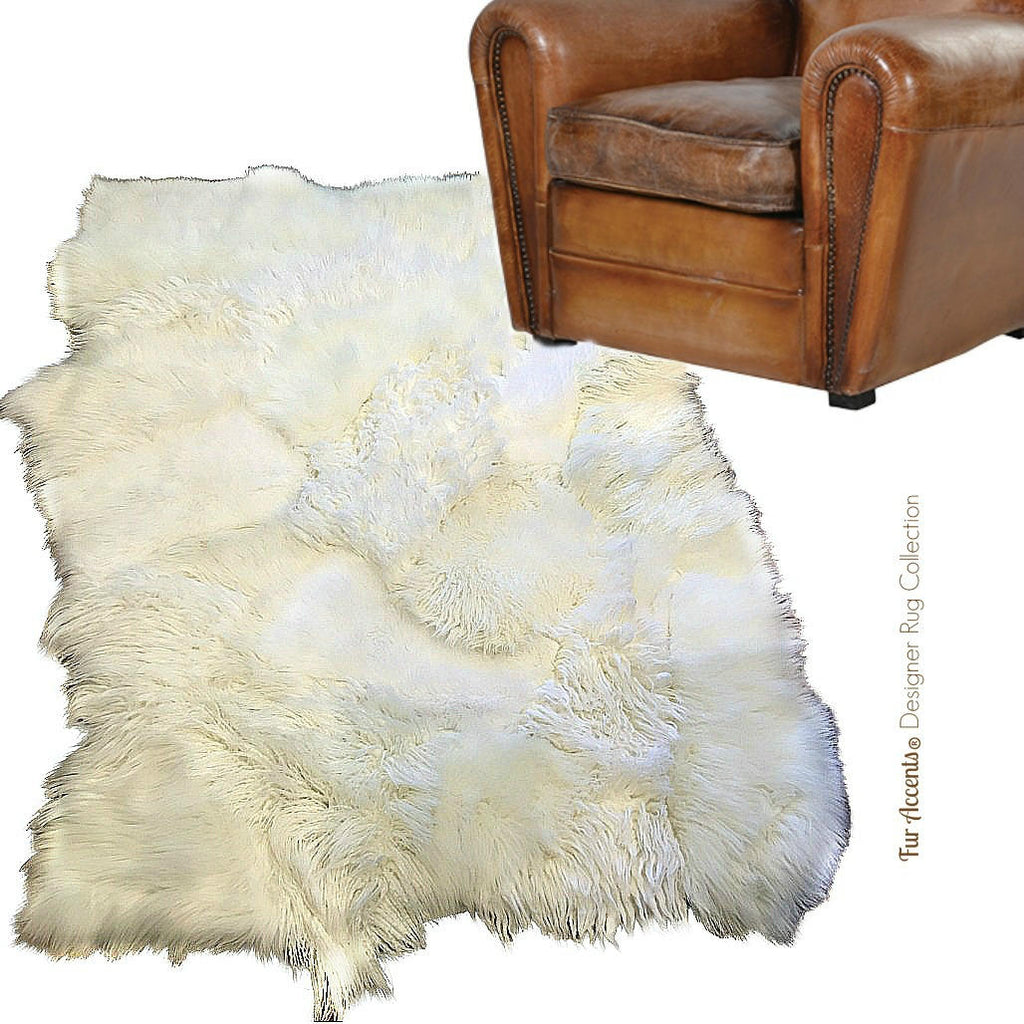 Plush Faux Fur Area Rug - Tattered Edge Pieced Fur Sheepskin Patch Pelt Designer Throw Carpet - White - Off White Art Rug by Fur Accents USA