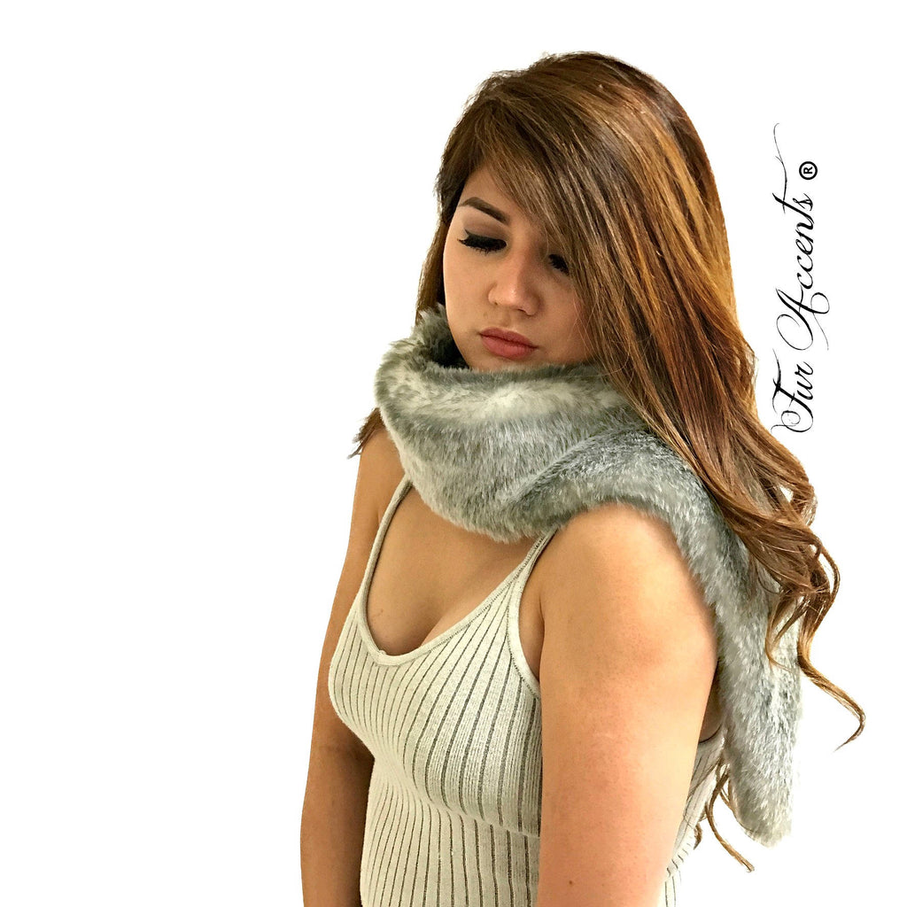 Exotic Faux Fur Scarf Luxurious Plush Designer Fashion Fur - Soft Gray Rabbit - Faux Fur Scarves Fur Accents USA