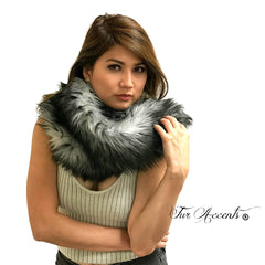 Exotic Pieced Faux Fur Scarf - Luxurious Plush Designer Fashion Fur - Black Tipped New Gray Wolf - Fur Scarves Fur Accents USA