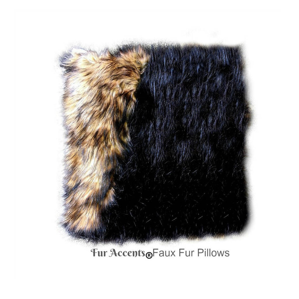 Plush Faux Fur Pillow - Sham - Cover - Plush Black and Golden Brown Wolf Trim - 3 New Sizes - Designer Throw - Toss -  Fur Accents USA