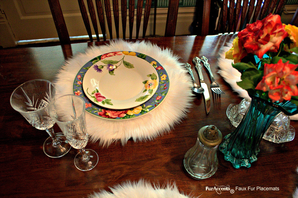 Set of 4  Plush Faux Fur Round Placemats, Luxury Fur, Soft Shaggy Faux Sheepskin, Place Mat, Table Top, Wedding Décor, Designer Accessories, Fur Accents USA