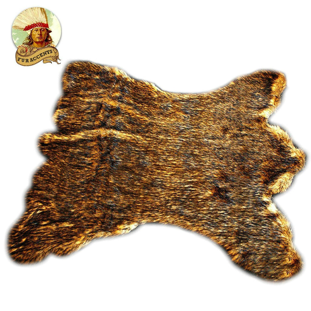 Plush Faux Fur Area Rug - Luxury Fur Golden Brown Kodiak Bear Skin - Animal Hide - Pelt Shape Designer Throw Rug - Fur Accents - USA