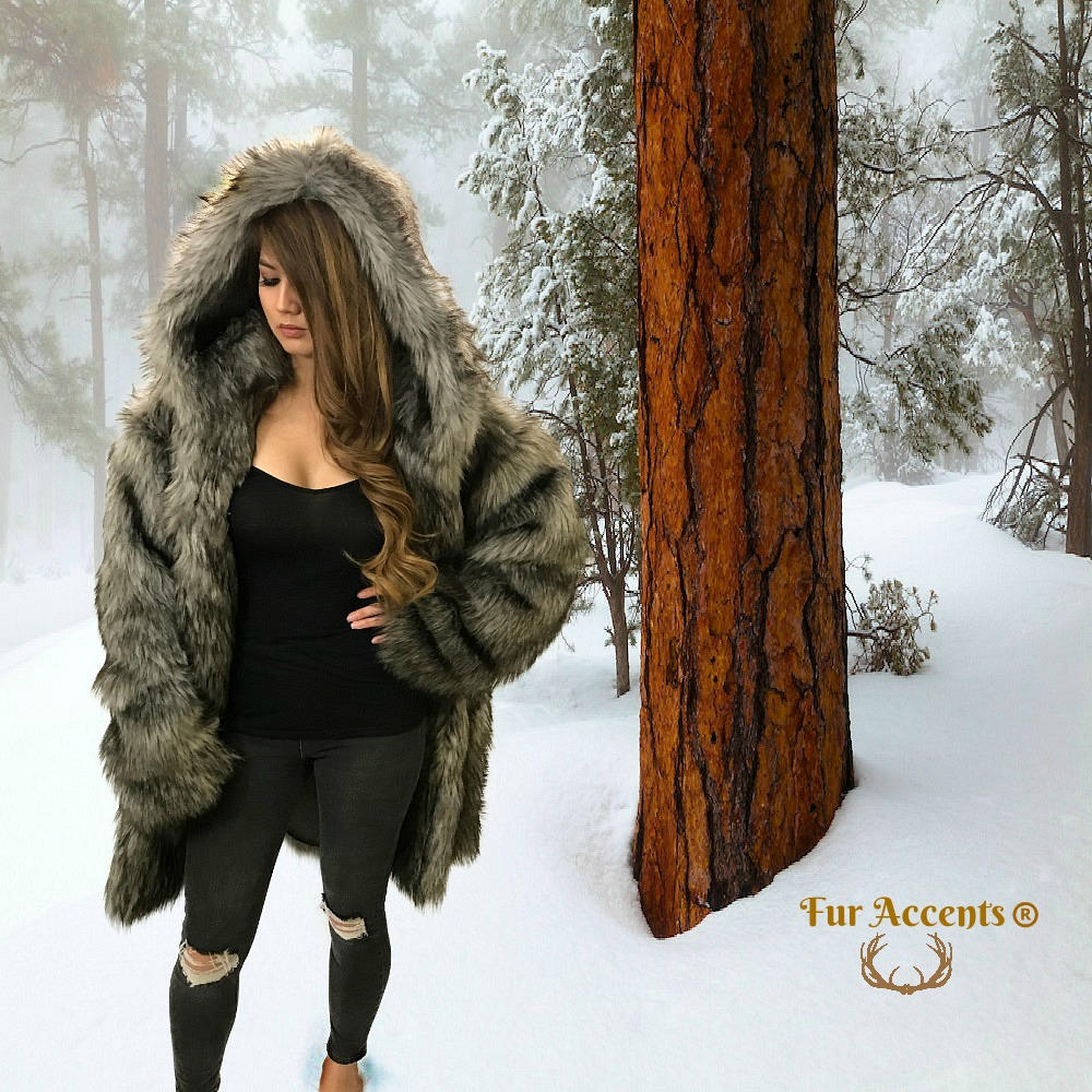 FUR ACCENTS Exotic Faux Fur Shaggy Gray Wolf - Large Baggy - Hooded Coat - Unisex Jacket - One Size - Oversize
