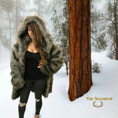 FUR ACCENTS Exotic Faux Fur Shaggy Gray Wolf - Large Baggy - Hooded Coat - Unisex Jacket - One Size - Oversize