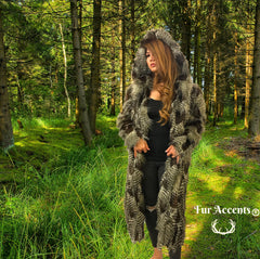 FUR ACCENTS Exotic Faux Fur Shaggy Brown Feather Fur - Mink Hooded Long Coat - Jacket - One Size - Oversize