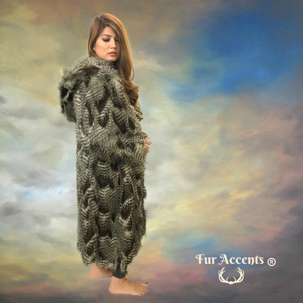FUR ACCENTS Exotic Faux Fur Shaggy Brown Feather Fur - Mink Hooded Long Coat - Jacket - One Size - Oversize