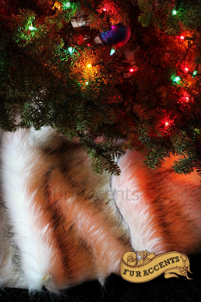 Classic Faux Fur Christmas Tree Skirt - Shaggy Shag Faux  Sheepskin Round  - Creamy Off White with Black or Brown Tips by Fur Accents - USA
