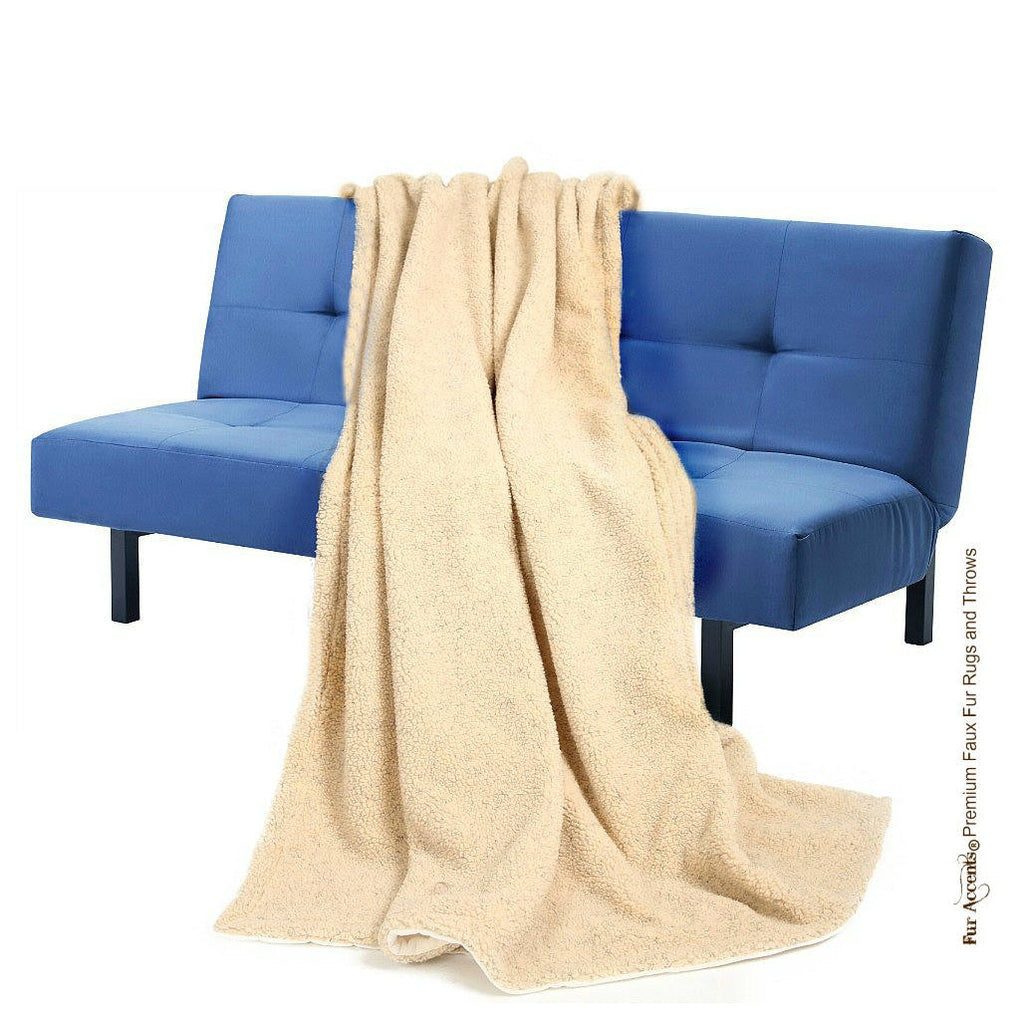 Plush Faux Fur Throw Blanket - Bedspread - Luxury Fur Light Tan Fleece - Sheepskin - Fur Minky Cuddle Fur Lining - Fur Accents - USA