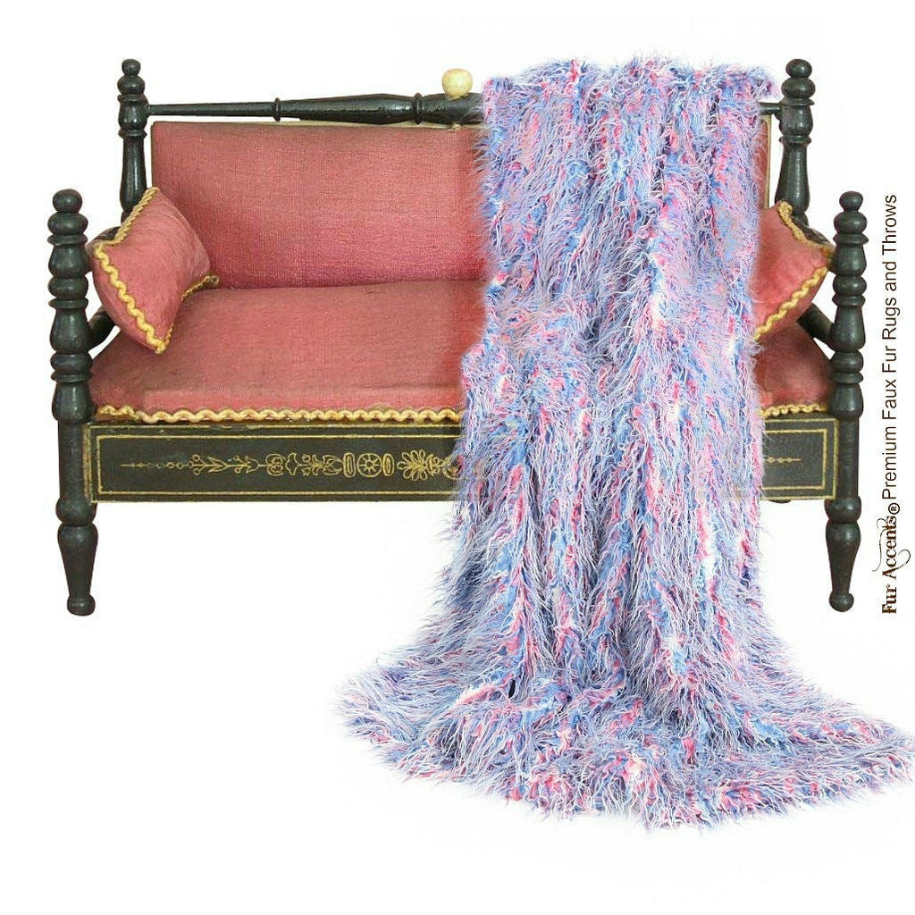 Plush Faux Fur Throw Blanket - Bedspread - Luxury Fur Pink Blue and Cream Mongolian Shag - Fur Minky Cuddle Fur Lining - Fur Accents - USA