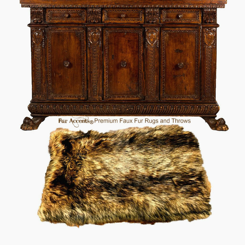 Plush Faux Fur Area Rug - Luxury Fur Thick Golden Brown Wolf - Rectangle Shape Designer Throw - Fur Accents - USA