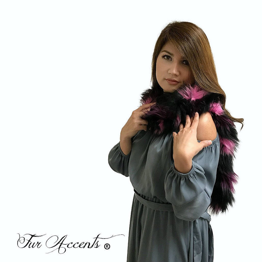 Exotic Faux Fur Braided Scarf - Luxurious Plush Designer Fashion Fur - Black Cherry Pink Fox - Braided  Fur Scarves by Fur Accents USA