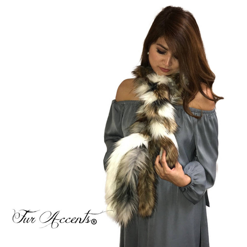 Exotic Faux Fur Braided Scarf Luxurious Plush Designer Fashion Fur Coyote, Gray Raccoon, White Fox - Braided  Fur Scarves by Fur Accents USA