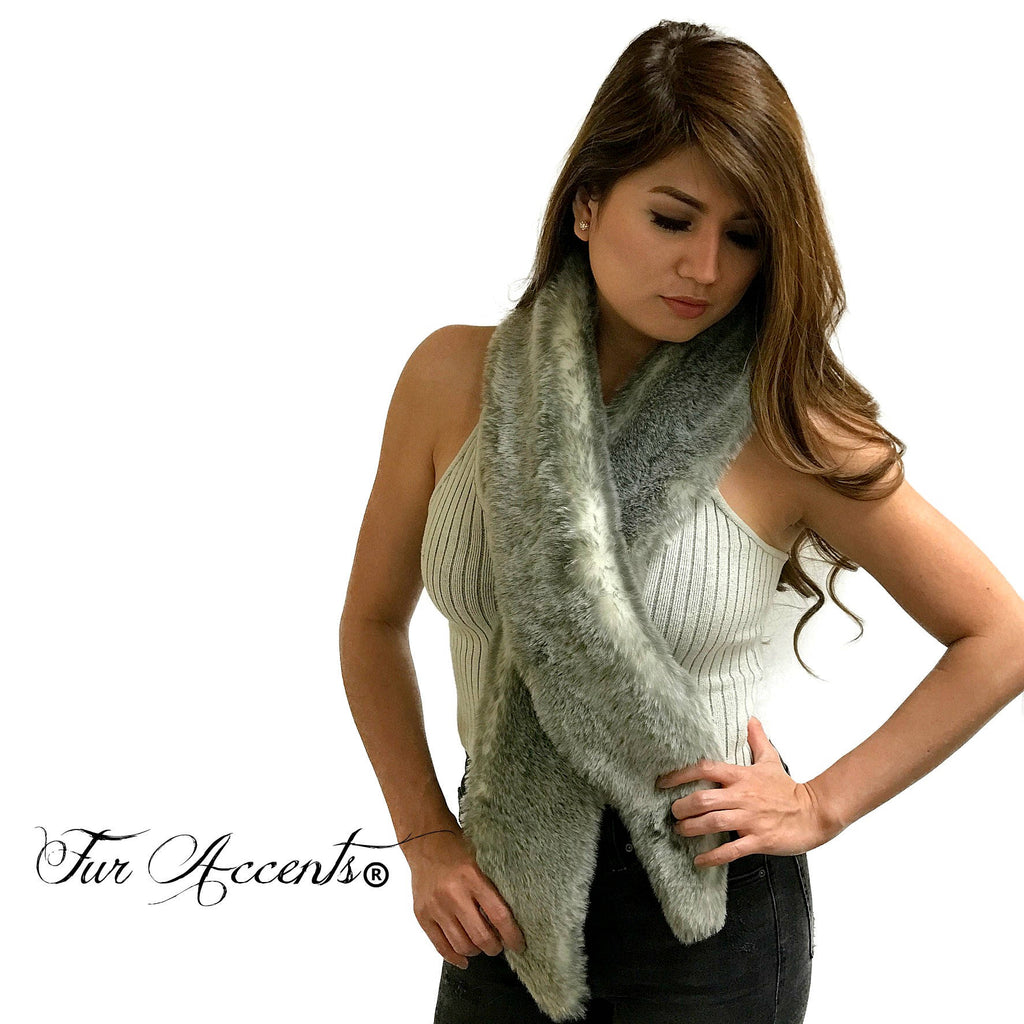 Exotic Faux Fur Scarf Luxurious Plush Designer Fashion Fur - Soft Gray Rabbit - Faux Fur Scarves Fur Accents USA
