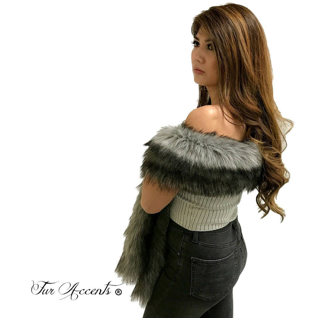 Exotic Pieced Faux Fur Scarf - Luxurious Plush Designer Fashion Fur - Black Tipped Gray Wolf - Fur Scarves Fur Accents USA