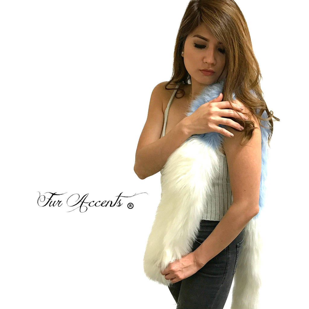 Exotic Pieced Faux Fur Scarf - Luxurious Plush Designer Fashion Fur - Ivory Tipped Mink with Blue Fox Fur Scarves Fur Accents USA