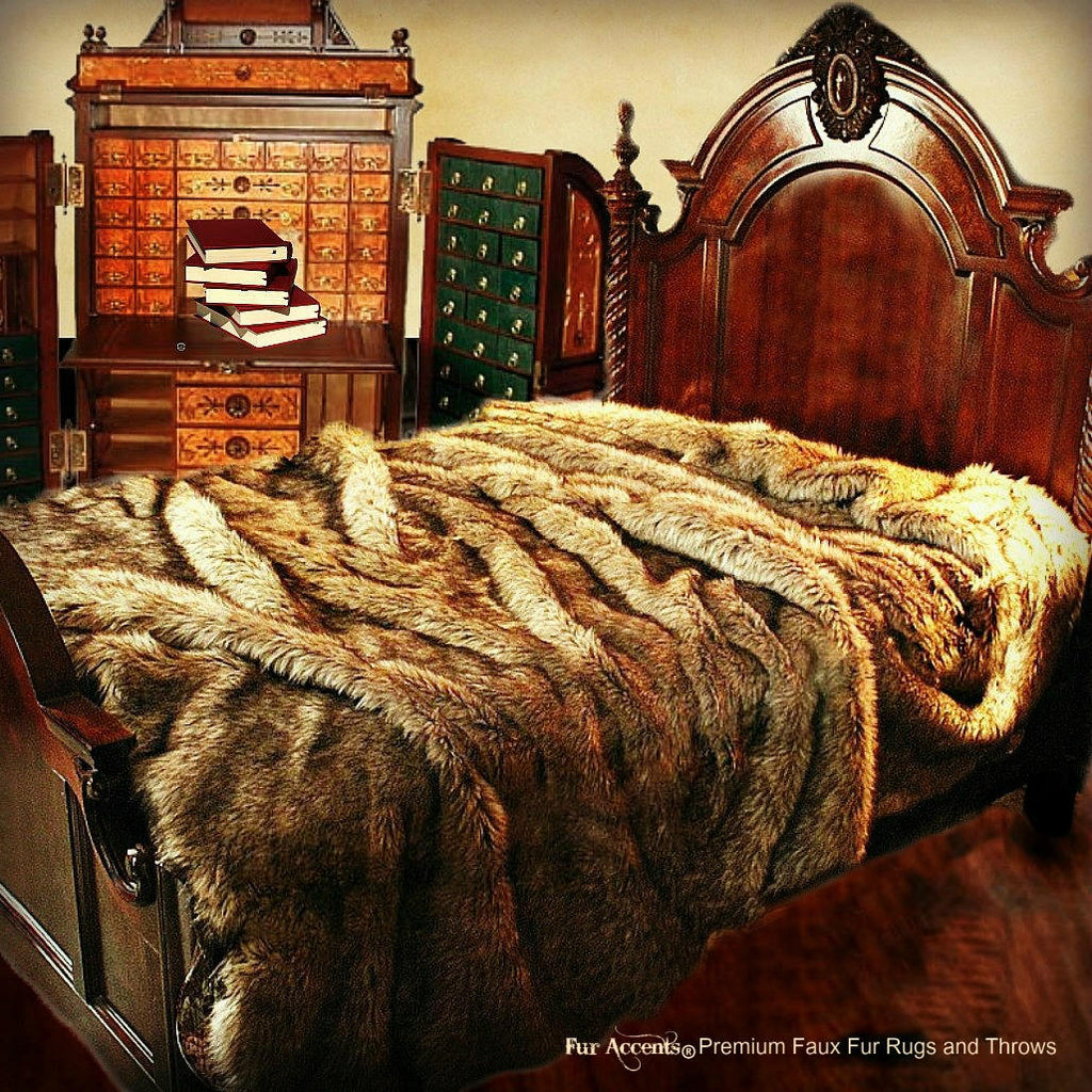 Plush Faux Fur Bedspread - Throw or Pillow Shams - All Sold Separately- Golden Wolf - Coyote Design - Choose Your Size -  by Fur Accents USA