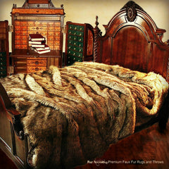 Plush Faux Fur Bedspread - Throw or Pillow Shams - All Sold Separately- Golden Wolf - Coyote Design - Choose Your Size -  by Fur Accents USA