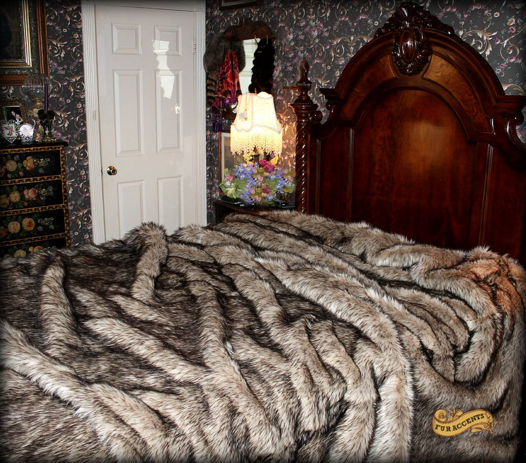 Plush Faux Fur Bedspread - Coyote - Wolf Shag Bear Design - Designer Throws by Fur Accents USA