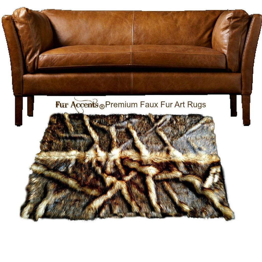 Plush Faux Fur Area Rug "Roots" Pelt Design - Rectangle Shape Throw Carpet -  Red Brown Fox Pieced Fur - Designer Art Rug by Fur Accents USA