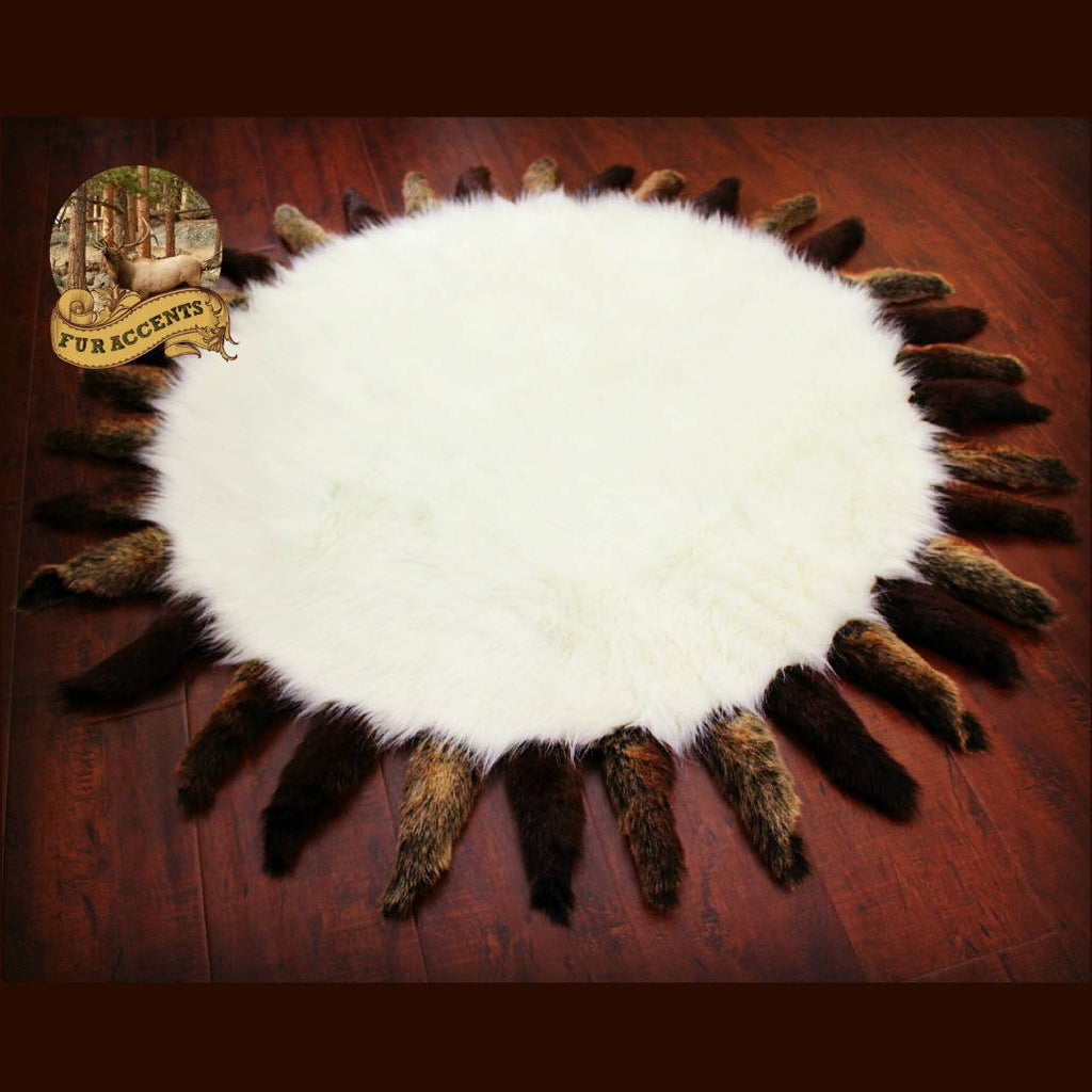Plush Faux Fur Round Area Rug Luxury Fur Soft Shaggy Bear Skin - Deer - Wolf - Sheepskin Fox Tail Fringe Designer Throw Rug Fur Accents USA