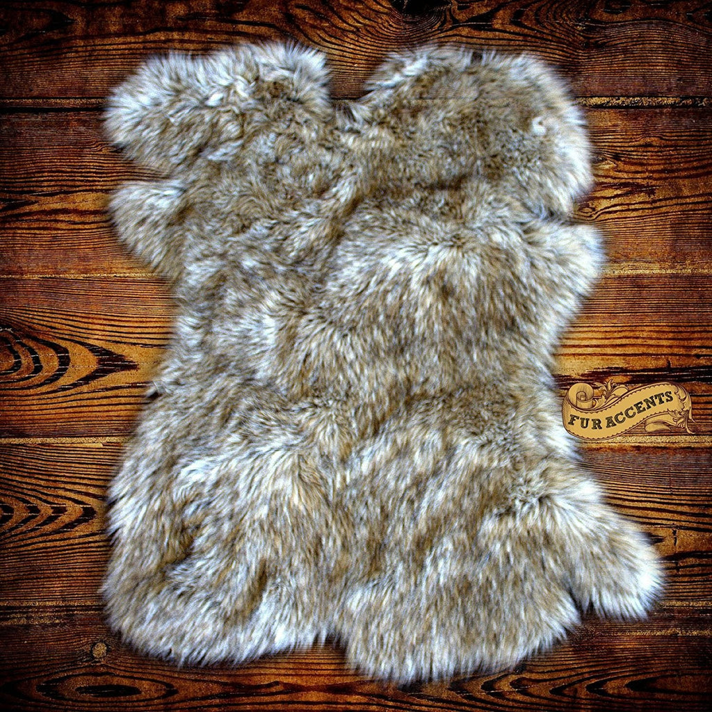 Plush Faux Fur Area Rug - Off White with Light Medium Brown Tips - New Pelt Shape Designer Throw Rug - Fur Accents - USA