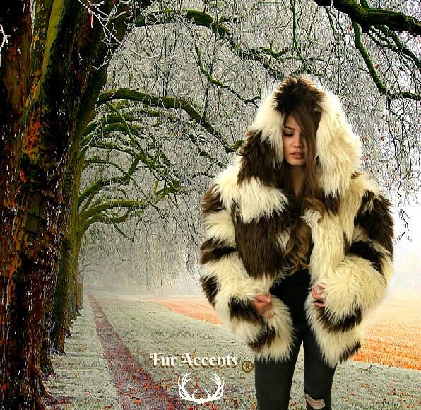 FUR ACCENTS Exotic Faux Fur Shaggy Thick Long Hair Icelandic Sheepskin Hooded Coat -  Unisex Jacket - One Size - Oversize