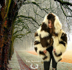 FUR ACCENTS Exotic Faux Fur Shaggy Thick Long Hair Icelandic Sheepskin Hooded Coat -  Unisex Jacket - One Size - Oversize
