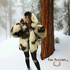 FUR ACCENTS Exotic Faux Fur Shaggy Thick Long Hair Icelandic Sheepskin Hooded Coat -  Unisex Jacket - One Size - Oversize