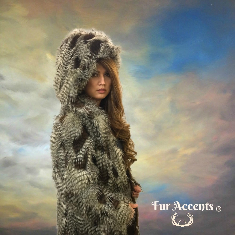 FUR ACCENTS Exotic Faux Fur Shaggy Brown Feather Fur - Mink Hooded Long Coat - Jacket - One Size - Oversize