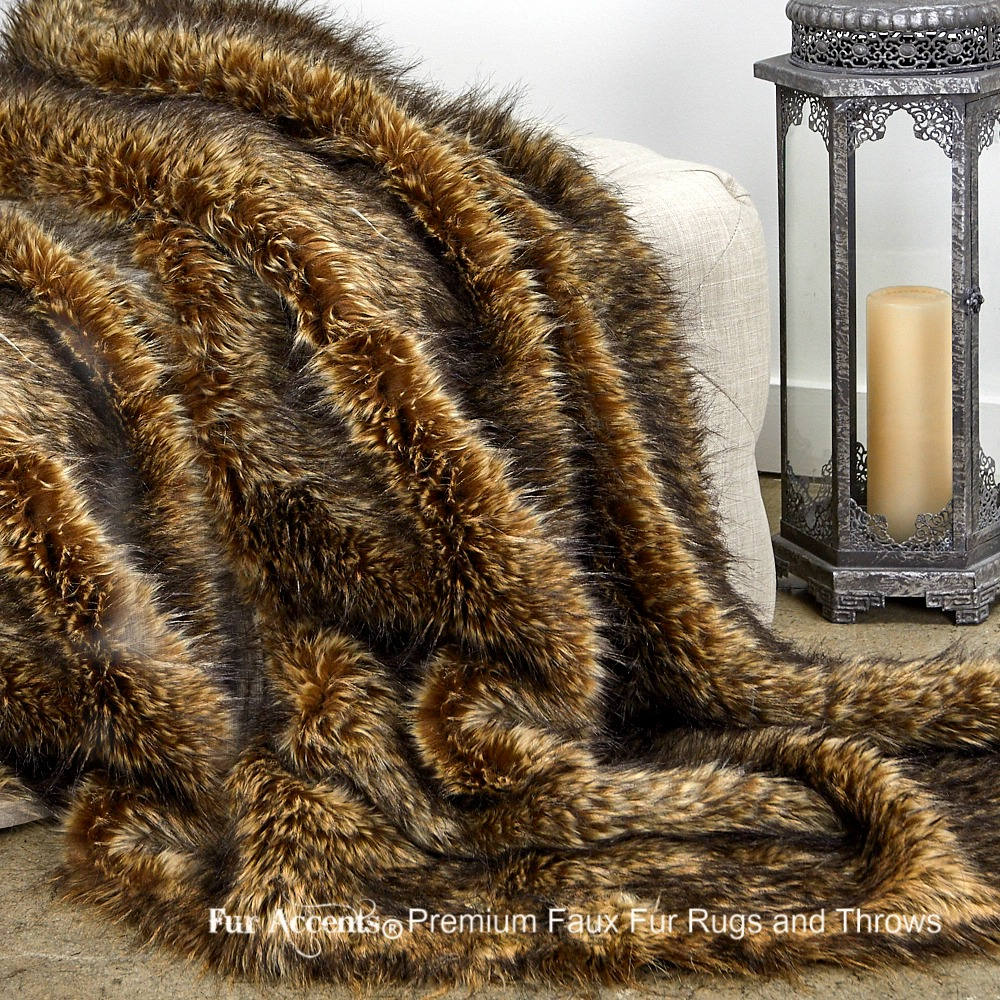 Plush  Faux Fur Throw Blanket, Soft  Exotic Brown Desert Wolf Bedspread - Luxury Fur - Minky Cuddle Fur Lining Fur Accents USA