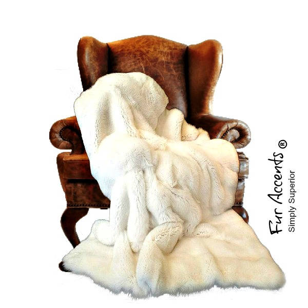 Plush  Faux Fur Throw Blanket, Soft Creamy  White Rabbit - Mink - Tissavel Shag   - Luxury Fur - Minky Cuddle Fur Lining Fur Accents USA