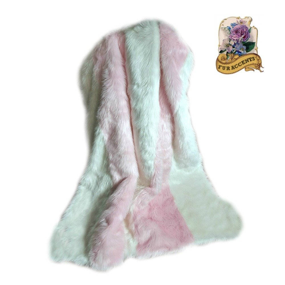 Plush  Faux Fur Throw Blanket, Soft Pink and White Stripe Shag Bedspread - Luxury Fur - Minky Cuddle Fur Lining Fur Accents USA