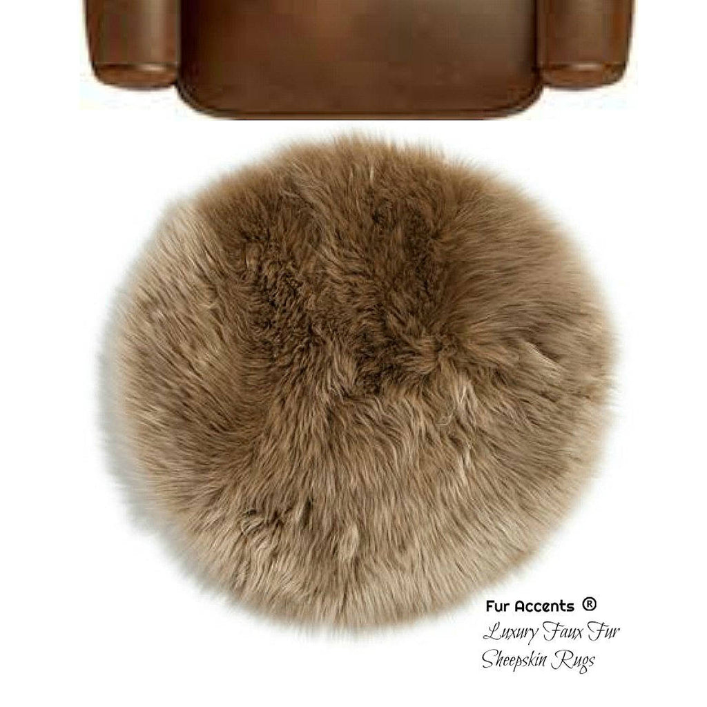 Plush Faux Fur Round Area Rug - Traditional Designer Throw - Light Tan Brown Tone Fur -  100% Animal Friendly Fur Accents - USA