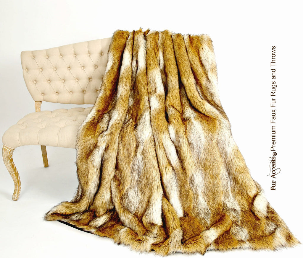 Plush Faux Fur Throw Blanket Golden Ivory Coyote Stripe Throw Blanket -Bedspread Luxury Fur - Minky Cuddle Fur Lining Fur Accents USA