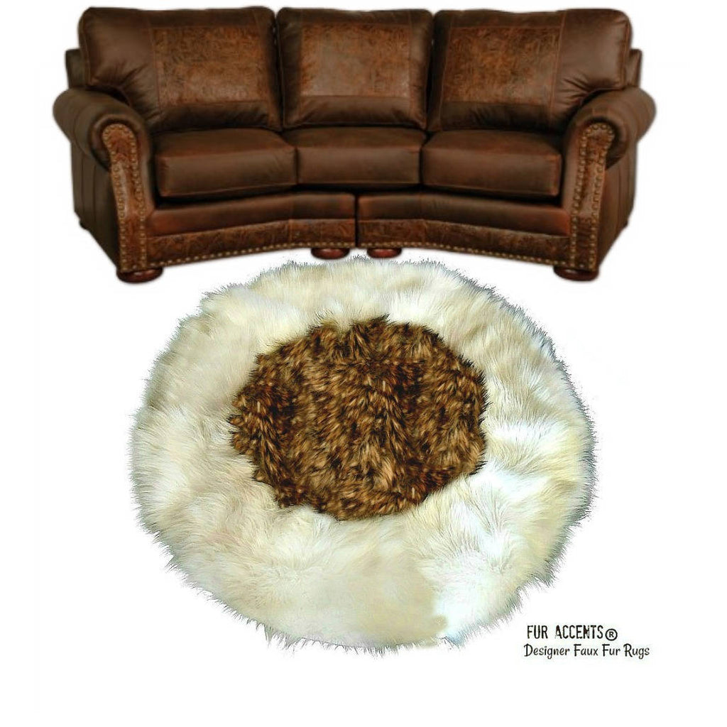 Classic Designer Faux Fur Area Rug - Round - White Sheepskin Shag with Light Brown Coyote Fur Center - Bear Skin by Fur Accents - USA