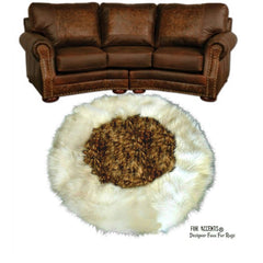 Classic Designer Faux Fur Area Rug - Round - White Sheepskin Shag with Light Brown Coyote Fur Center - Bear Skin by Fur Accents - USA