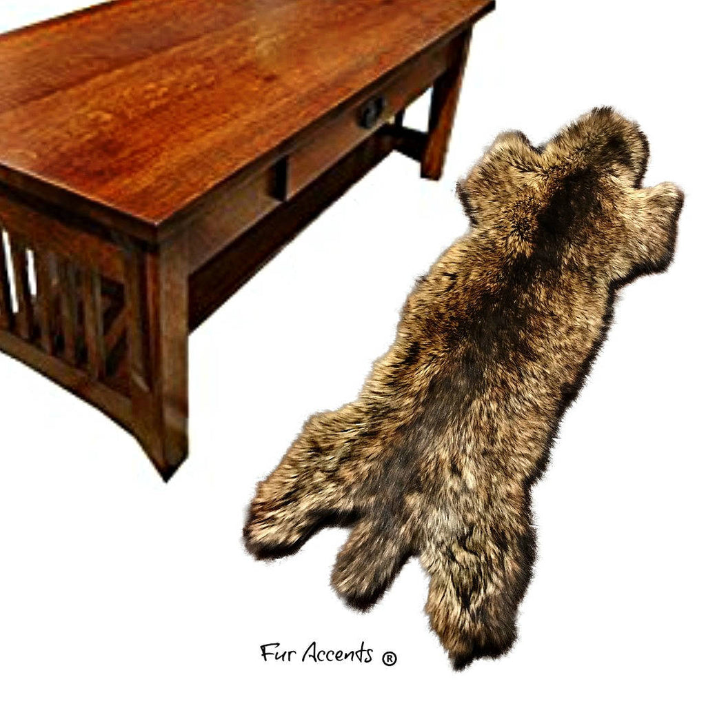 Plush Faux Fur Accent, Throw Rug - Luxury Fur, Thick Shaggy Golden Wolf, Coyote Pelt Shape Designer Throw Rug  - Hand Made in America by Fur Accents - USA