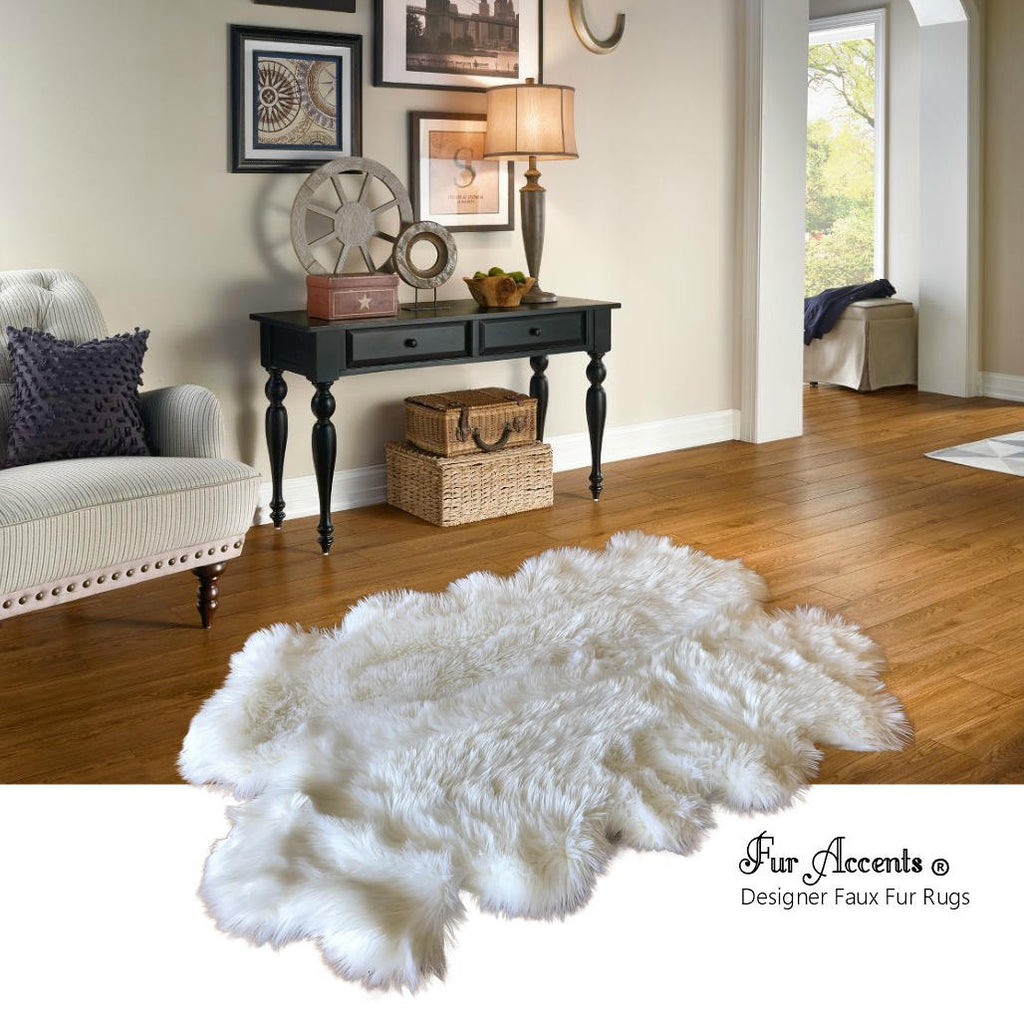 Plush Faux Fur Area Rug - Luxury Fur Thick Shaggy Icelandic  Sheepskin - Quatro Multi Pelt  - White - Off White or Brown - Fur Accents USA