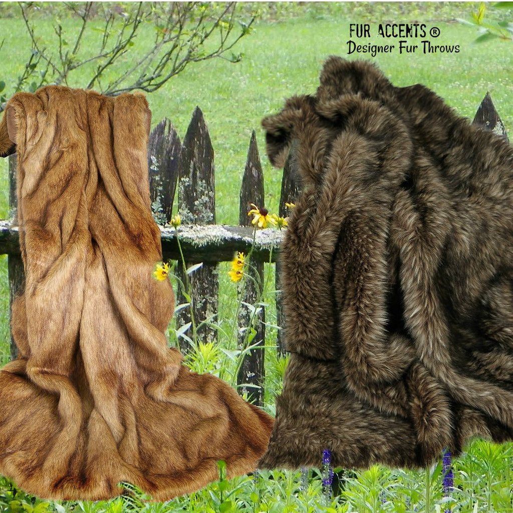 Plush Faux Fur Throw Blanket - Bedspread - Light Brown Wolf or Medium Brown Wolf - Cuddle Fur Lining - Fur Accents - USA