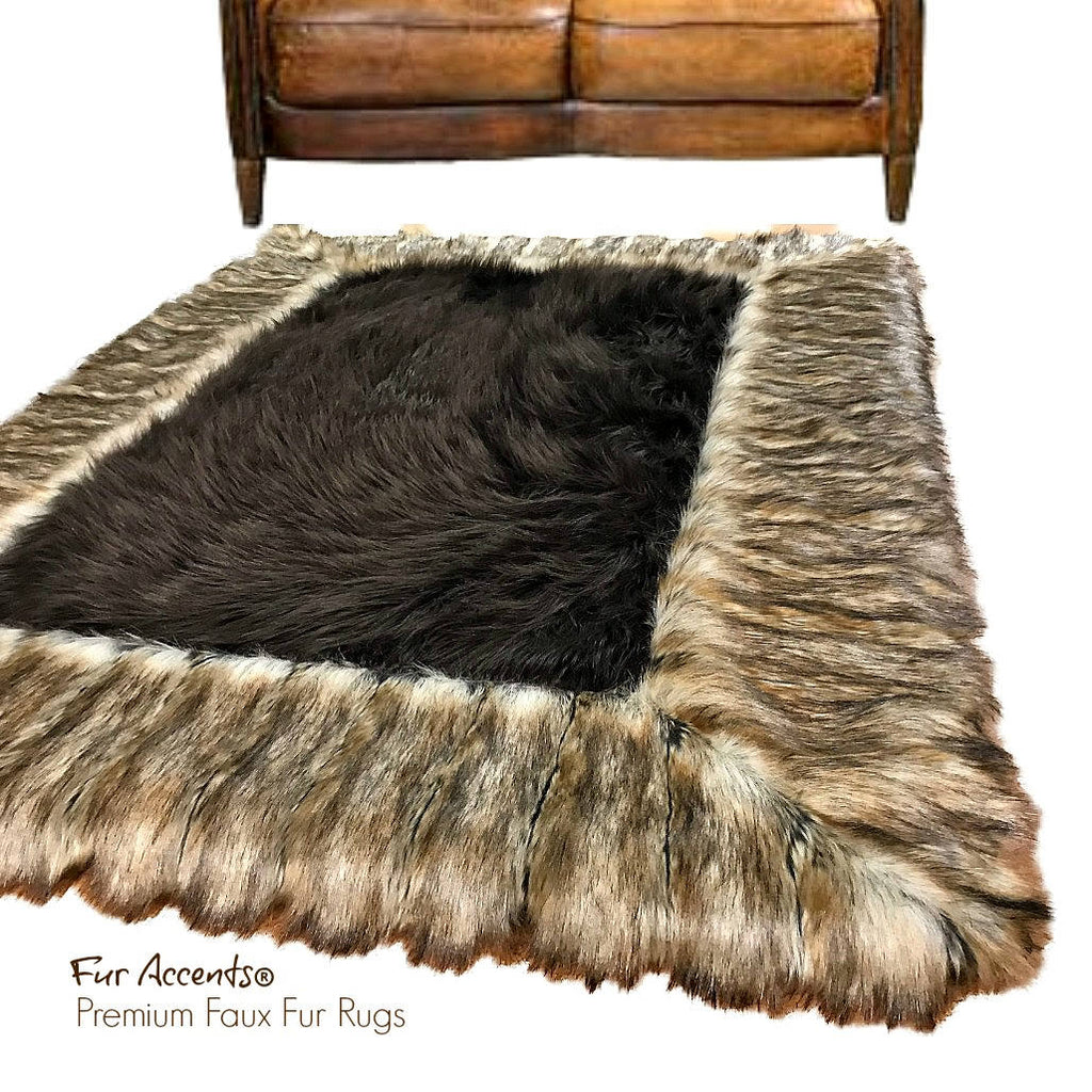 Plush Faux Fur Throw Area Rug - Black Brown OR Gray Shag Bear with Brown Ribbed Fox Fur Border Trim - Ultra-Suede Lining - Fur Accents - USA