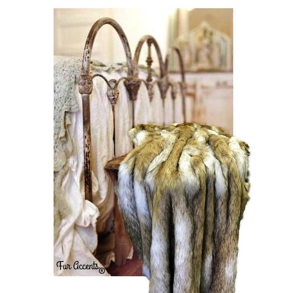 Plush Faux Fur Throw Blanket Golden Ivory Coyote Stripe Throw Blanket -Bedspread Luxury Fur - Minky Cuddle Fur Lining Fur Accents USA