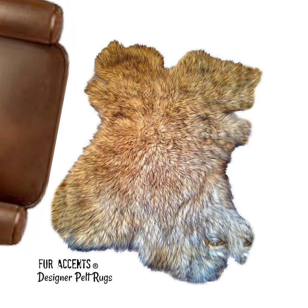Plush Faux Fur Area Rug - Desert Fox Brown Tones - New Pelt Shape Designer Throw Rug - Fur Accents - USA