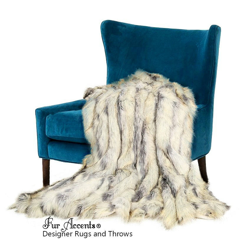 Plush Faux Fur Throw Blanket - Bedspread - Luxury Fur Ivory and Gray Stripe Ribbed Fox - Fur Minky Cuddle Fur Lining - Fur Accents - USA