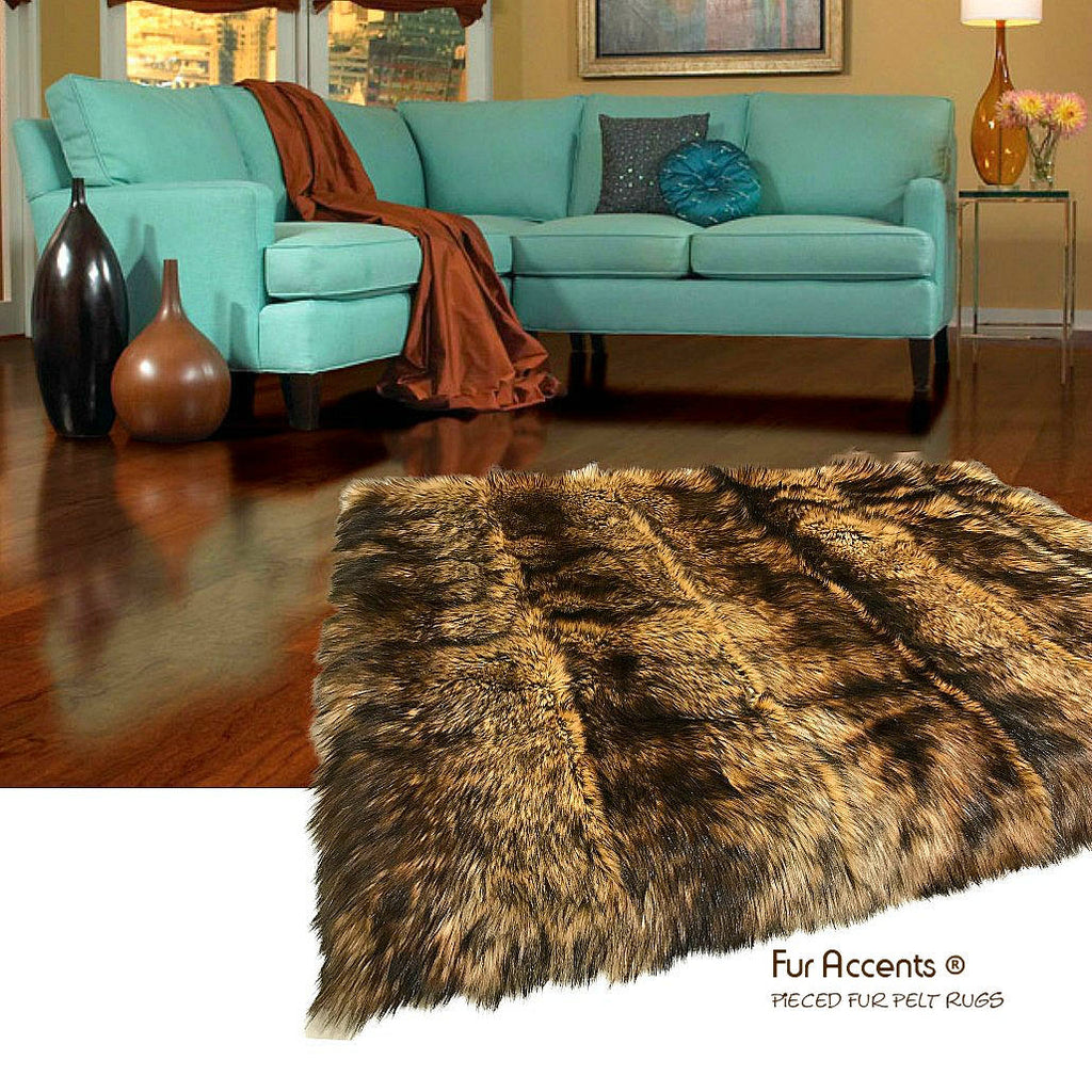 Plush Faux Fur, Pieced Luxury Fur Strip Rug, Golden Brown Wolf, Ultra Suede Lining, Custom Made to Order, Hand Made Art Rugs by Fur Accents - USA